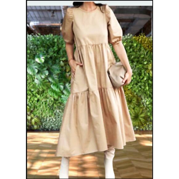 Code X Mode Taupe DRESS PUFF SLEEVES Pockets SIZE Small lightweight Tiered NEW - Picture 1 of 8